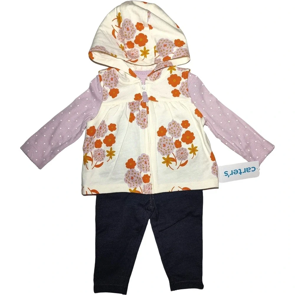 Carter's Baby Girl 9 Mos Outfit Set 3pc Long Sleeve Bodysuit Pants Hooded Floral